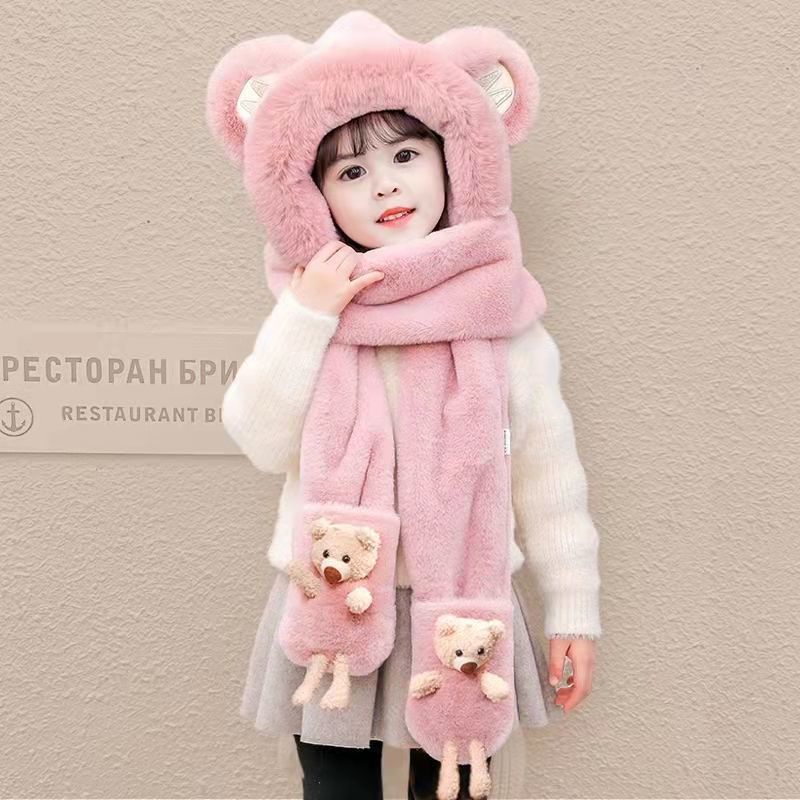 Mũ trùm đầu, mũ len kèm khăn choàng cổ và găng tay hình tai gấu đáng yêu cho bé