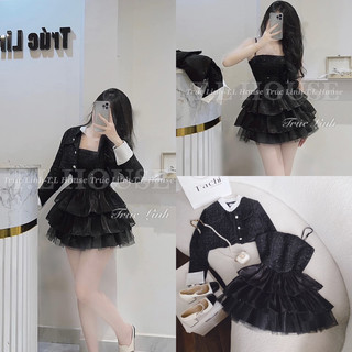 Set áo khoác kéo kèm áo trắng trong + chân váy caro nâu