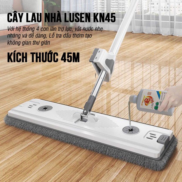 Cây lau nhà tự vắt Lusen-KN45, bàn lau lớn 45cm chổi lau xoay 360 độ thông minh với ba chế độ giặt vắt và gạt nước