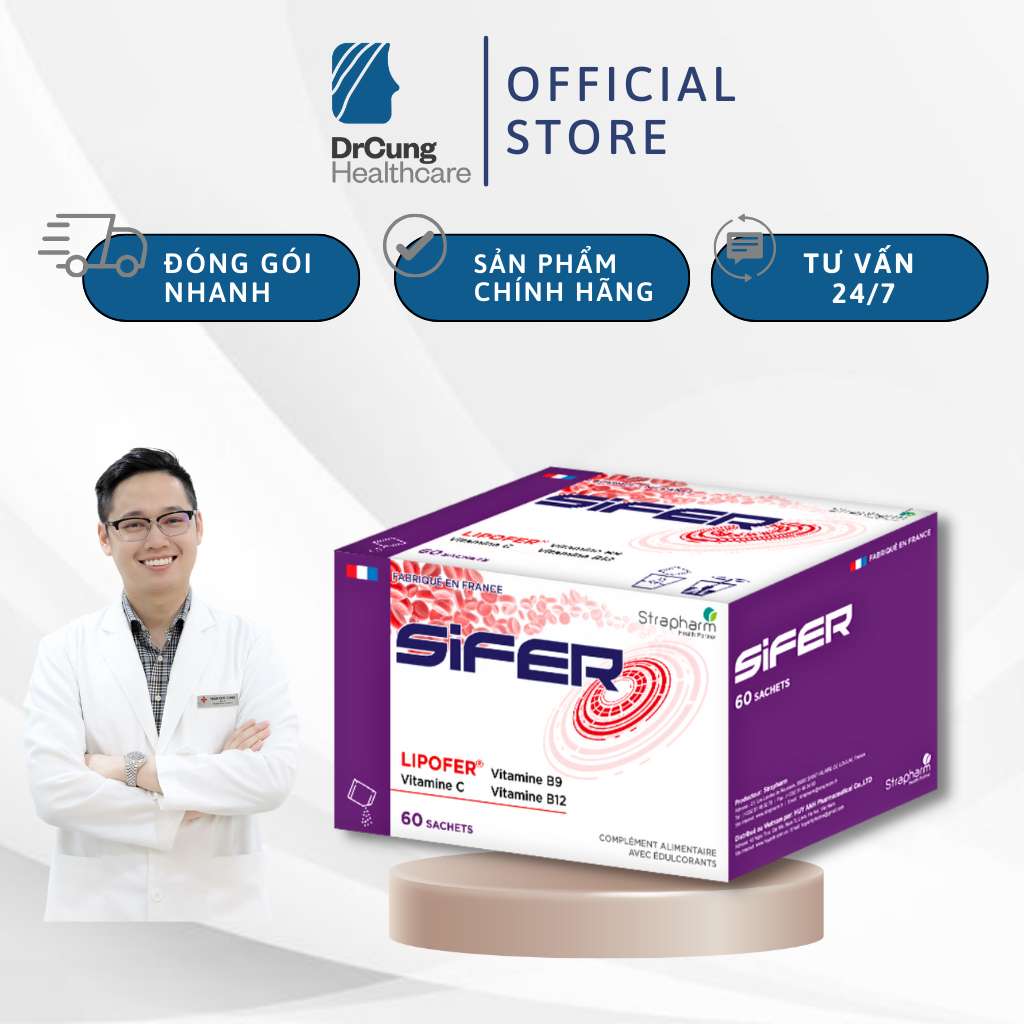 Bác Sĩ Cung Viên Uống Bổ Sung Sắt Sifer - Bổ Sung Sắt Lipofer, Acid Folic, Ngăn Thiếu Máu, Phụ Nữ Đa Kinh (60 Gói)