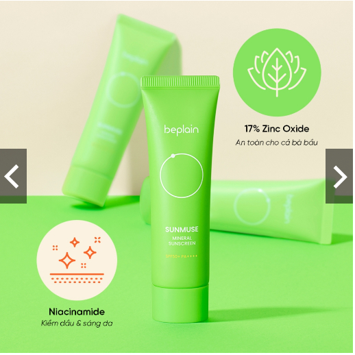 Kem chống nắng beplain Sunmuse Vật Lý Nâng Tone nhẹ nhàng SPF 50+ PA++++ Mineral Sunscreen 50ml - KCN xanh lá