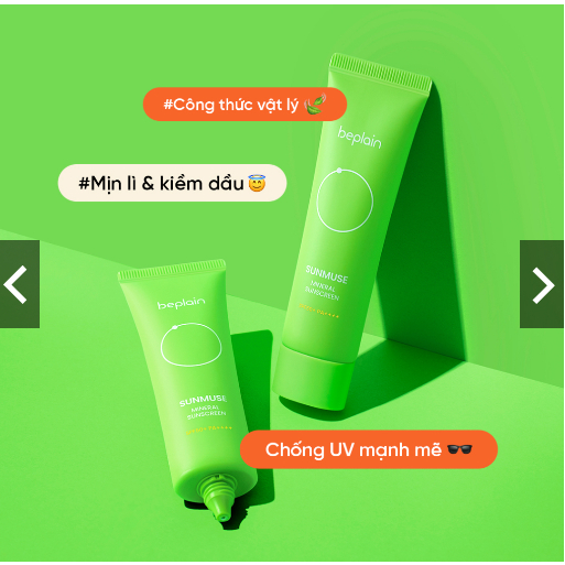 Kem chống nắng beplain Sunmuse Vật Lý Nâng Tone nhẹ nhàng SPF 50+ PA++++ Mineral Sunscreen 50ml - KCN xanh lá