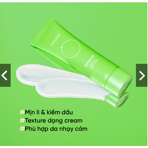 Kem chống nắng beplain Sunmuse Vật Lý Nâng Tone nhẹ nhàng SPF 50+ PA++++ Mineral Sunscreen 50ml - KCN xanh lá