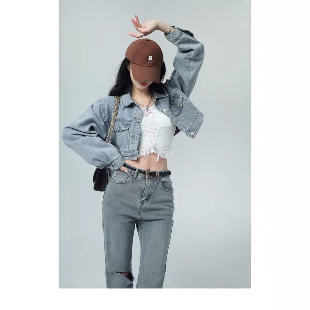 Áo khoác jean croptop dài tay DENIG