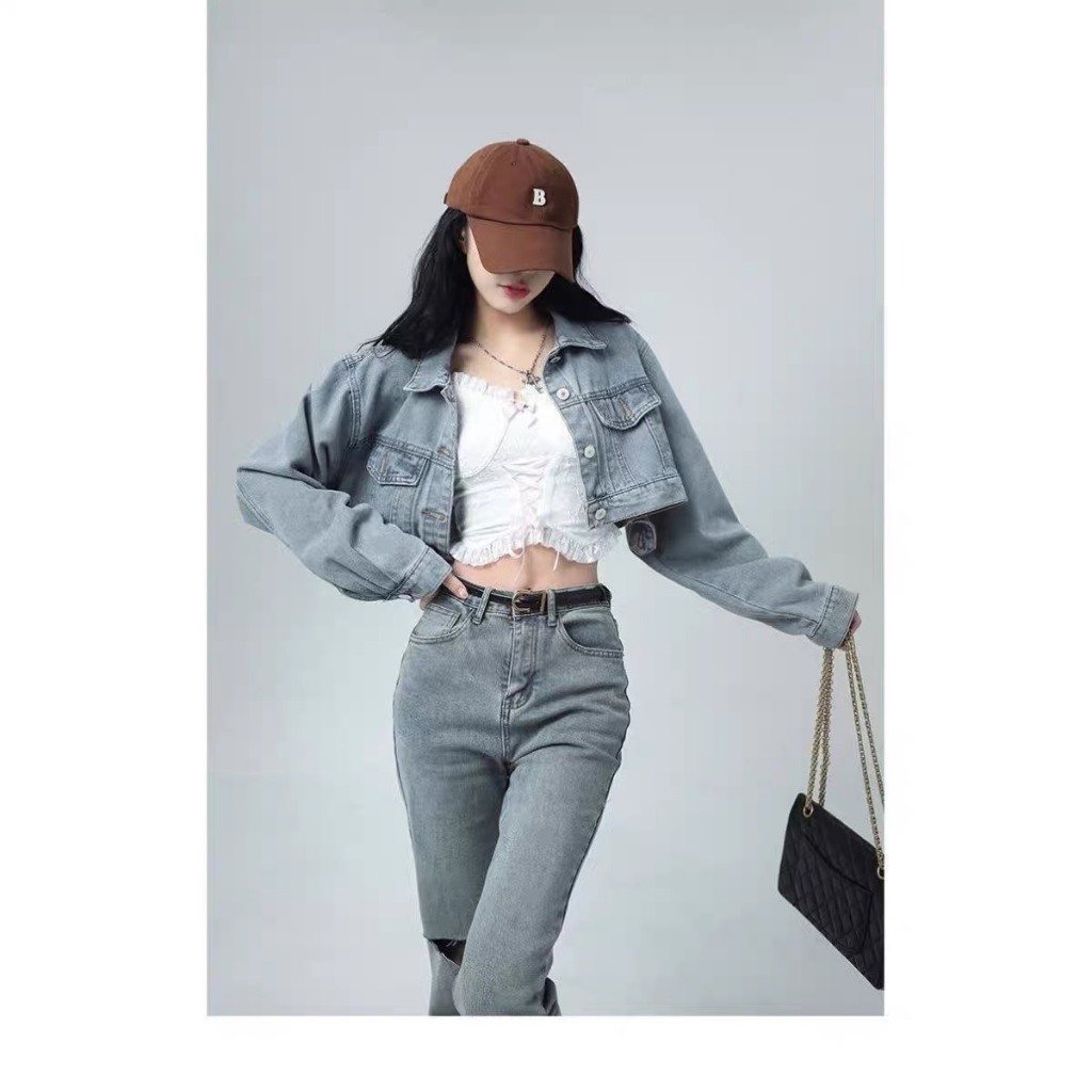 Áo khoác jean croptop dài tay DENIG