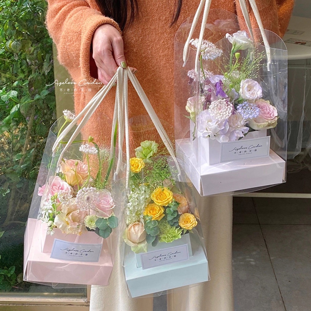 Túi Hộp Mica Cắm Hoa, Đựng Hoa Làm Quà Tặng Có Quai Xách
