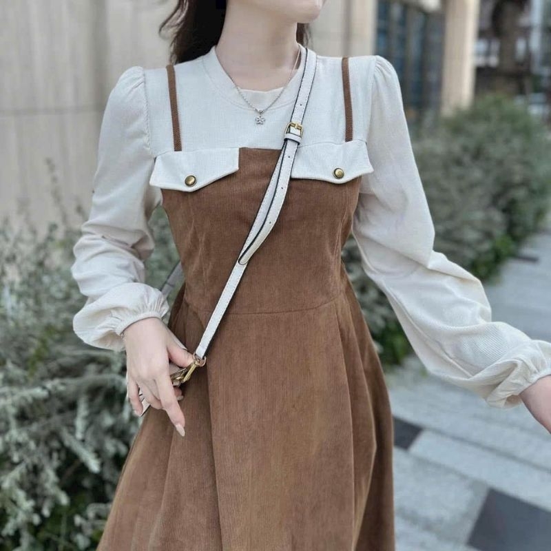 Đầm váy nữ thời trang chất vải nhung tăm phối gân lạnh 2 màu nâu đen