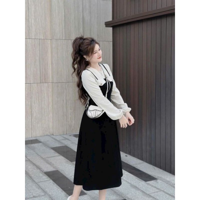 Đầm váy nữ thời trang chất vải nhung tăm phối gân lạnh 2 màu nâu đen