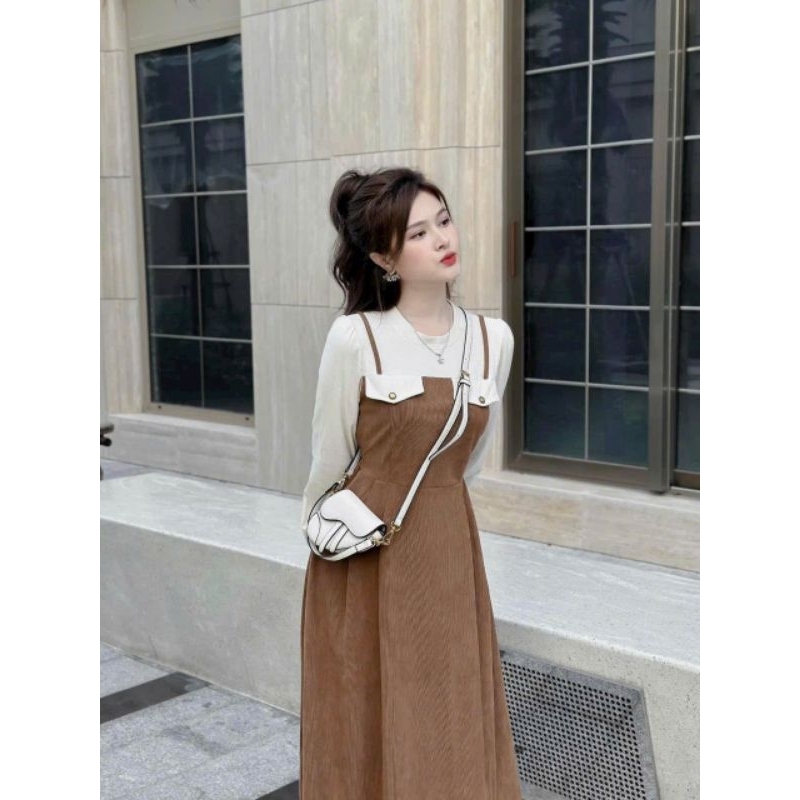 Đầm váy nữ thời trang chất vải nhung tăm phối gân lạnh 2 màu nâu đen