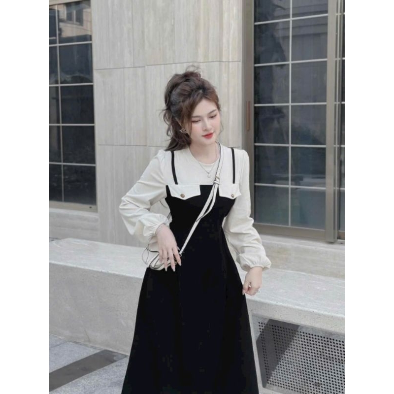 Đầm váy nữ thời trang chất vải nhung tăm phối gân lạnh 2 màu nâu đen