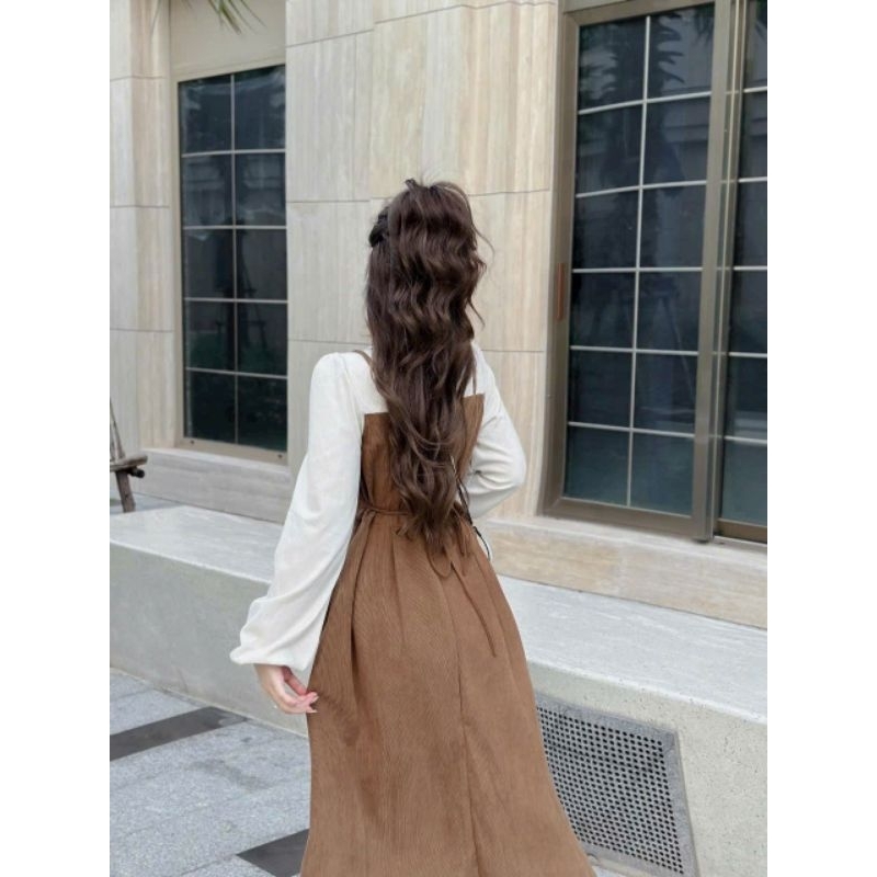 Đầm váy nữ thời trang chất vải nhung tăm phối gân lạnh 2 màu nâu đen