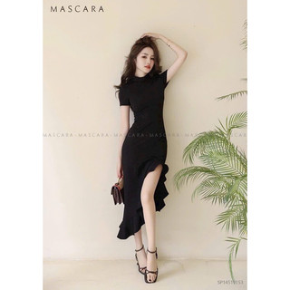 Đầm ôm body đen thời trang nữ mặc đi chơi váy xẻ tà 1 bên chất vải thun gân tăm bèo lai y hình,