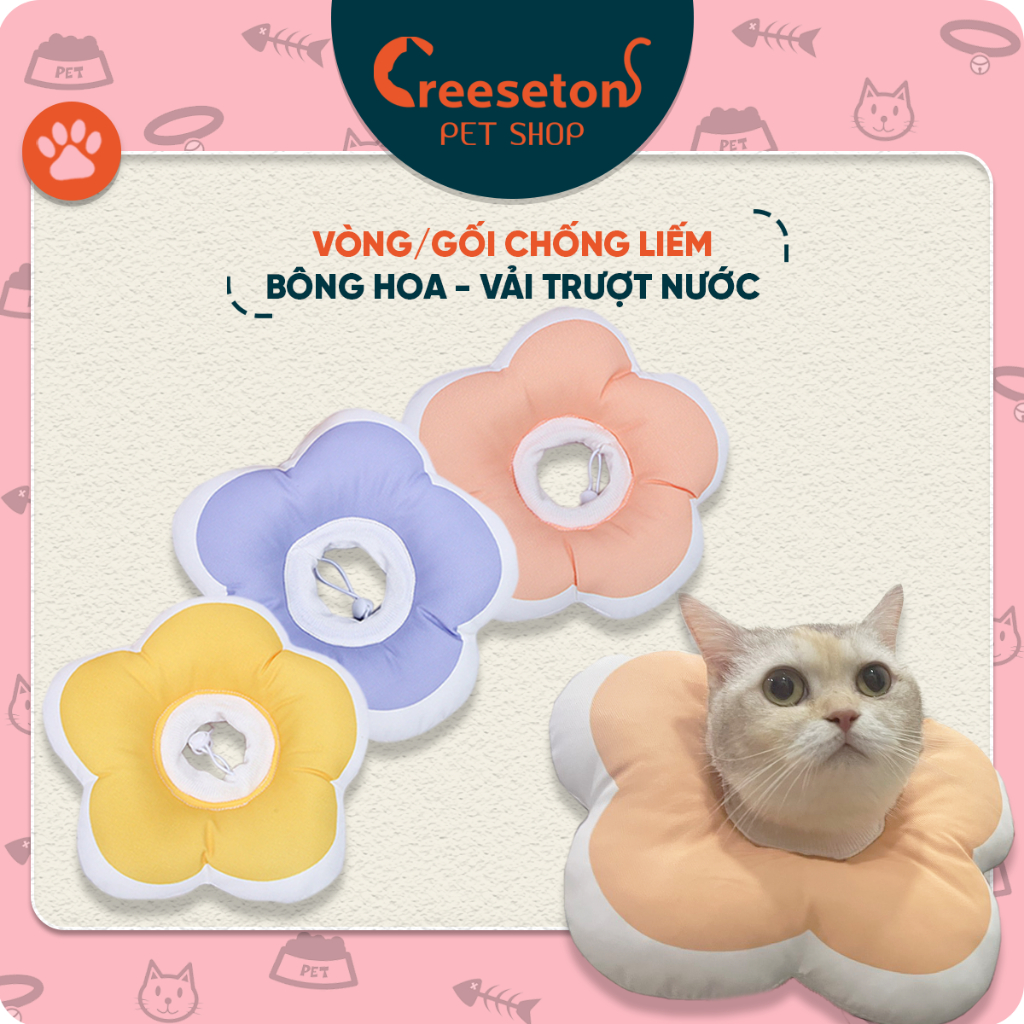 Vòng cổ chống liếm, Gối chống liếm BÔNG HOA (vải trượt nước) siêu dễ thương cho chó, mèo, thú cưng