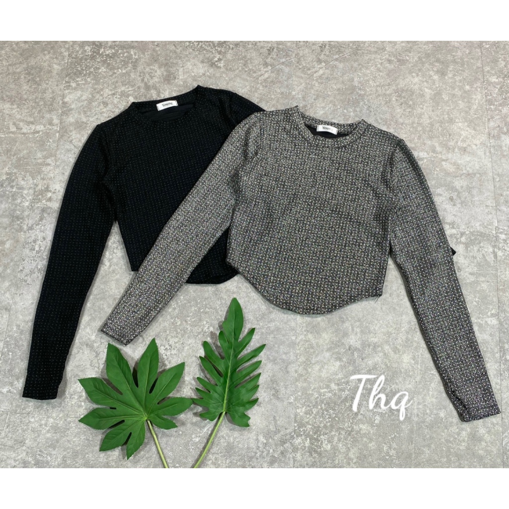 Áo Croptop Nữ Tay Dài , Áo Croptop Dài Tay Đính Đá Bling Bling Ôm Body Kiểu Dáng Vạt Bầu Sang Chảnh