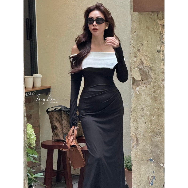 Siêu phẩm đầm body trễ vai vạt chéo phối màu đỏ đen, 2 lớp vải co giãn kèm video thật cực sang chảnh đi noel a01