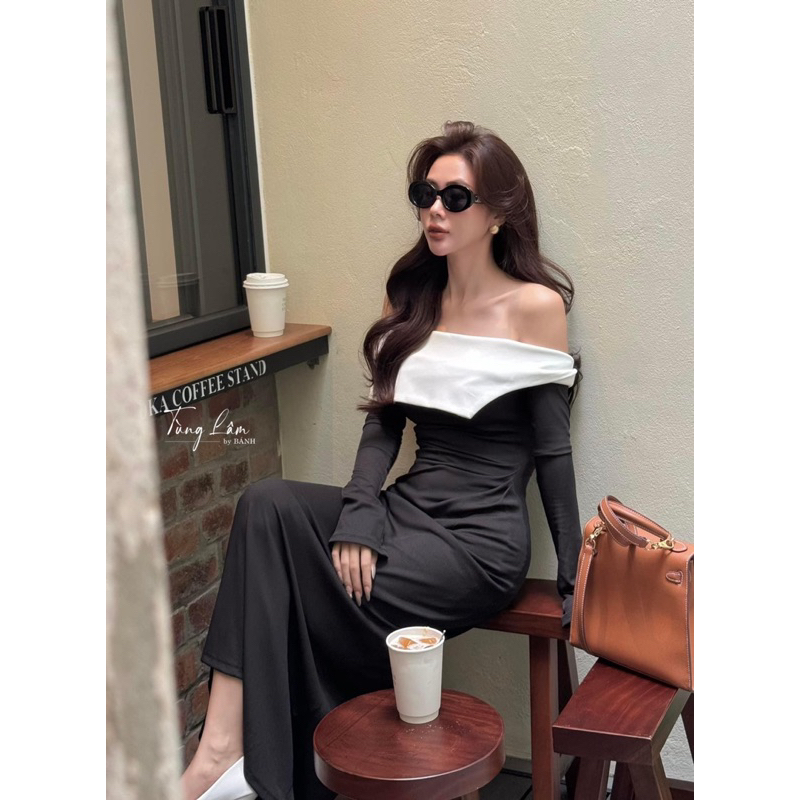 Siêu phẩm đầm body trễ vai vạt chéo phối màu đỏ đen, 2 lớp vải co giãn kèm video thật cực sang chảnh đi noel a01