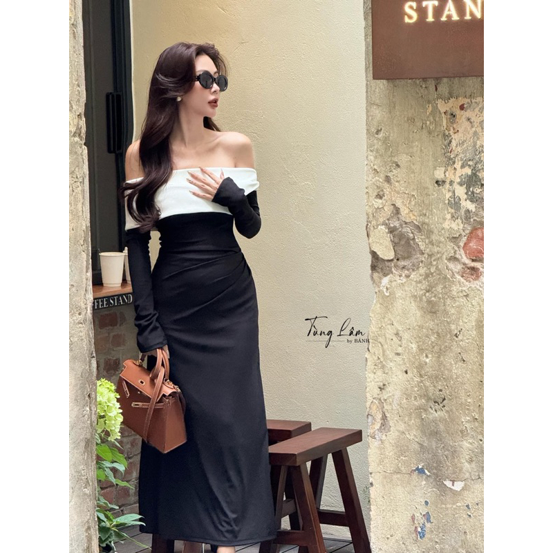 Siêu phẩm đầm body trễ vai vạt chéo phối màu đỏ đen, 2 lớp vải co giãn kèm video thật cực sang chảnh đi noel a01