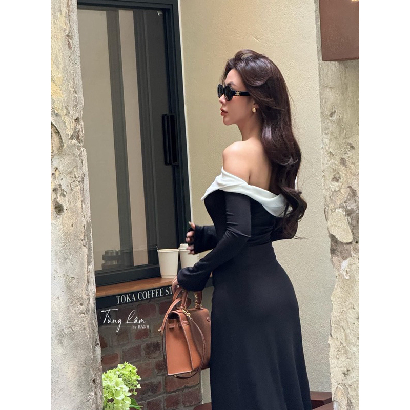 Siêu phẩm đầm body trễ vai vạt chéo phối màu đỏ đen, 2 lớp vải co giãn kèm video thật cực sang chảnh đi noel a01