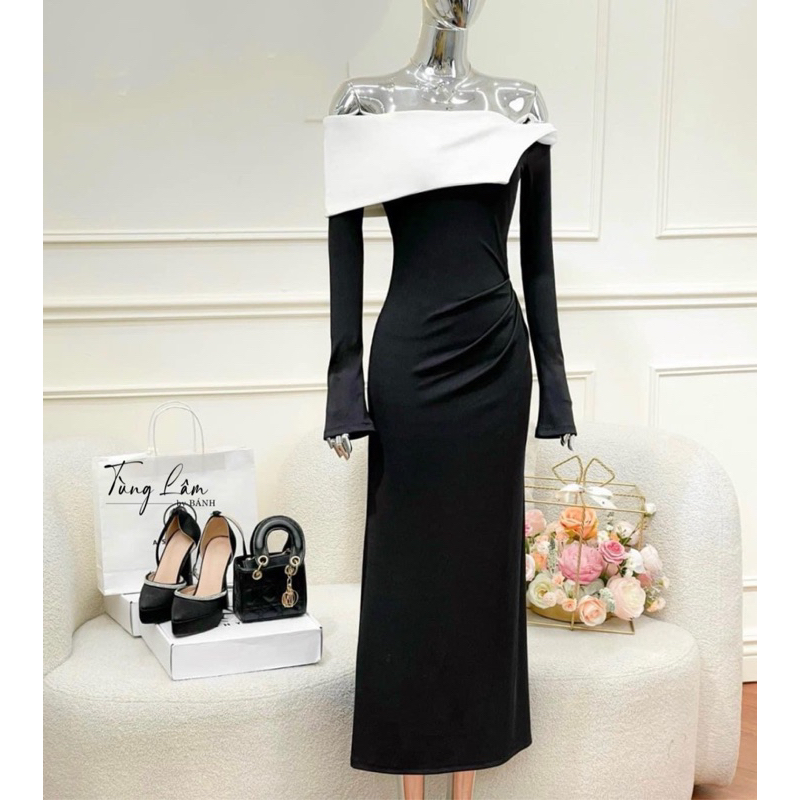 Siêu phẩm đầm body trễ vai vạt chéo phối màu đỏ đen, 2 lớp vải co giãn kèm video thật cực sang chảnh đi noel a01