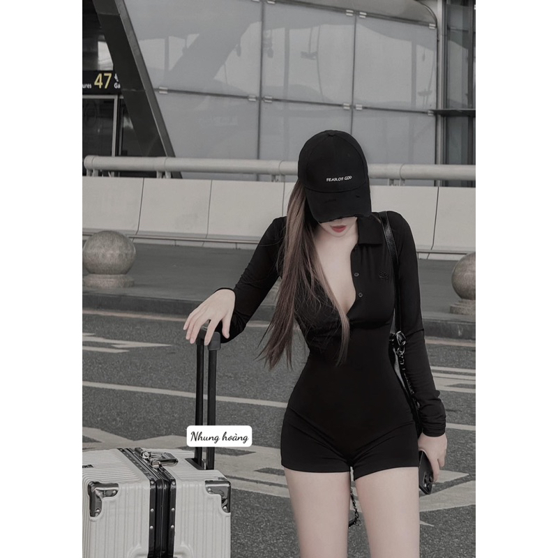 Jumpsuit quần đùi cổ sơ mi cúc ngực ôm dáng sexy vô cùng a16