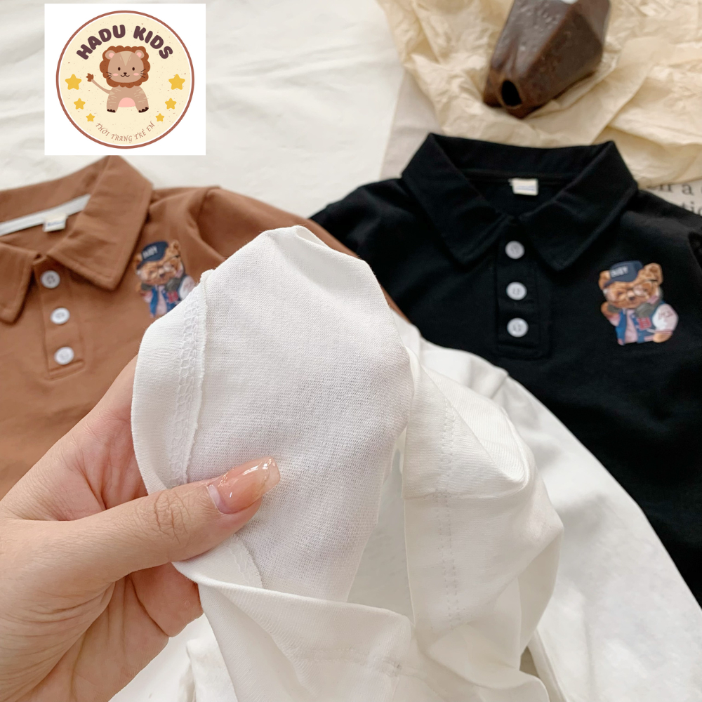 Áo thu đông cho bé, áo polo dài tay bé trai chất POLO xịn IN GẤU dễ thương, đường may đẹp - HADU KIDS 11 - 27kg