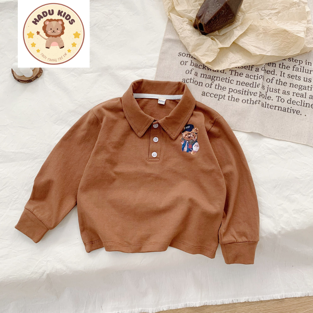 Áo thu đông cho bé, áo polo dài tay bé trai chất POLO xịn IN GẤU dễ thương, đường may đẹp - HADU KIDS 11 - 27kg