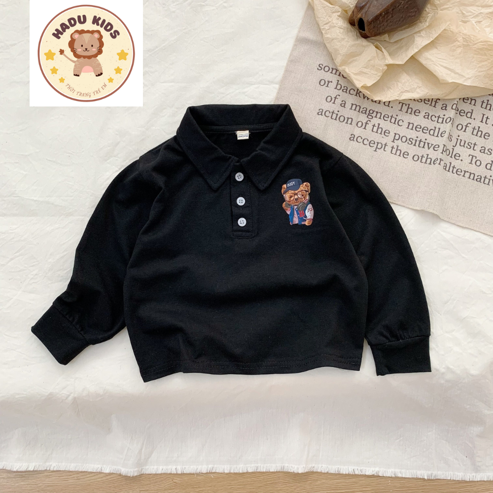 Áo thu đông cho bé, áo polo dài tay bé trai chất POLO xịn IN GẤU dễ thương, đường may đẹp - HADU KIDS 11 - 27kg