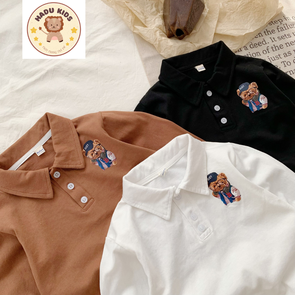 Áo thu đông cho bé, áo polo dài tay bé trai chất POLO xịn IN GẤU dễ thương, đường may đẹp - HADU KIDS 11 - 27kg