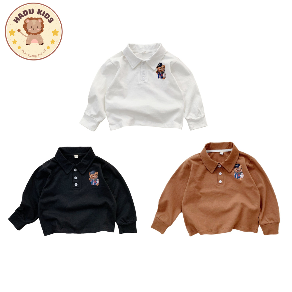 Áo thu đông cho bé, áo polo dài tay bé trai chất POLO xịn IN GẤU dễ thương, đường may đẹp - HADU KIDS 11 - 27kg