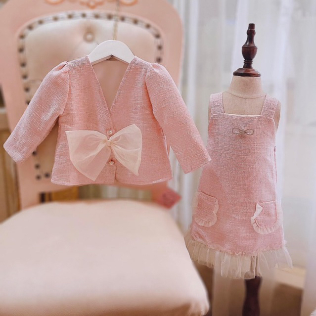Set áo váy dạ cho bé gái từ 8-30kg màu hồng mềm mịn 2 lớp