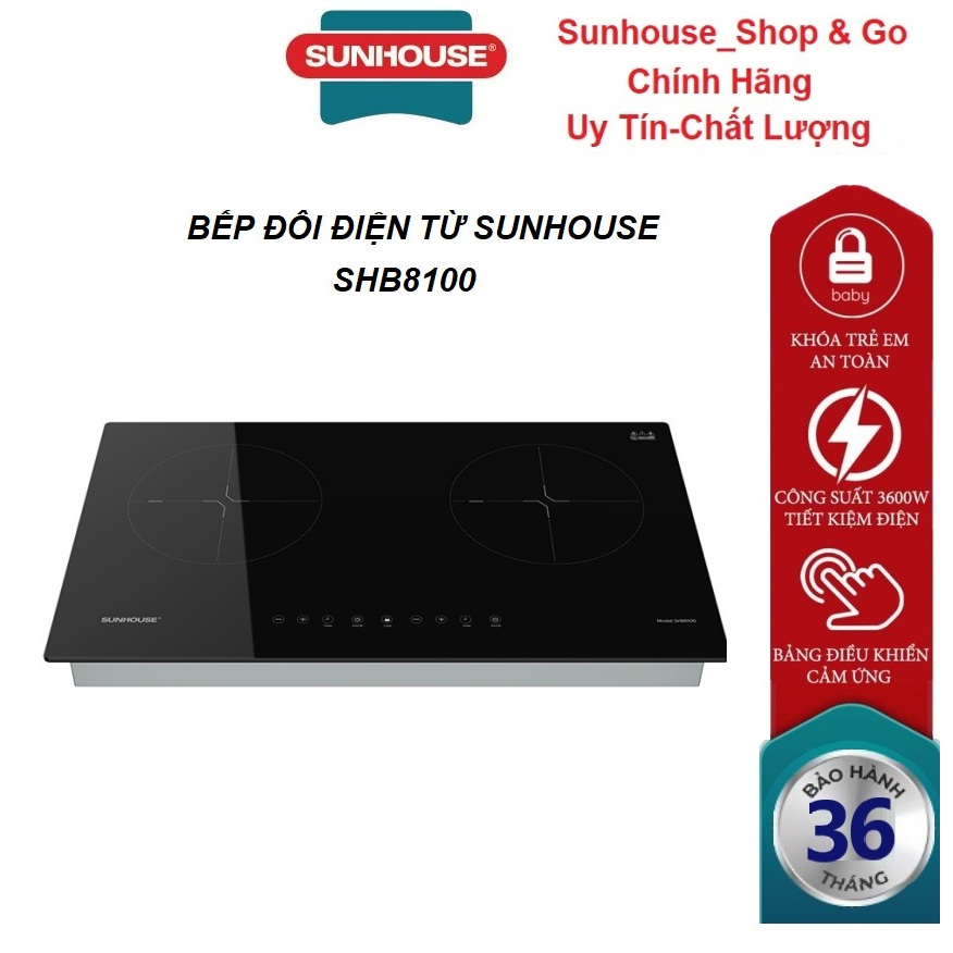 Bếp điện từ đôi Sunhouse SHB8100, Mặt kính cao cấp, chịu nhiệt tốt, Bảng điều khiển cảm ứng, Tổng công suất 3600W