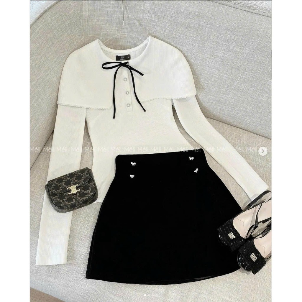 Set Váy Mùa Đông EVANIA Set Áo Chân Váy Sang Chảnh, Chất Vải Áo Len Tăm Trắng Phối Chân Váy Nhung Cứng Đen - B292