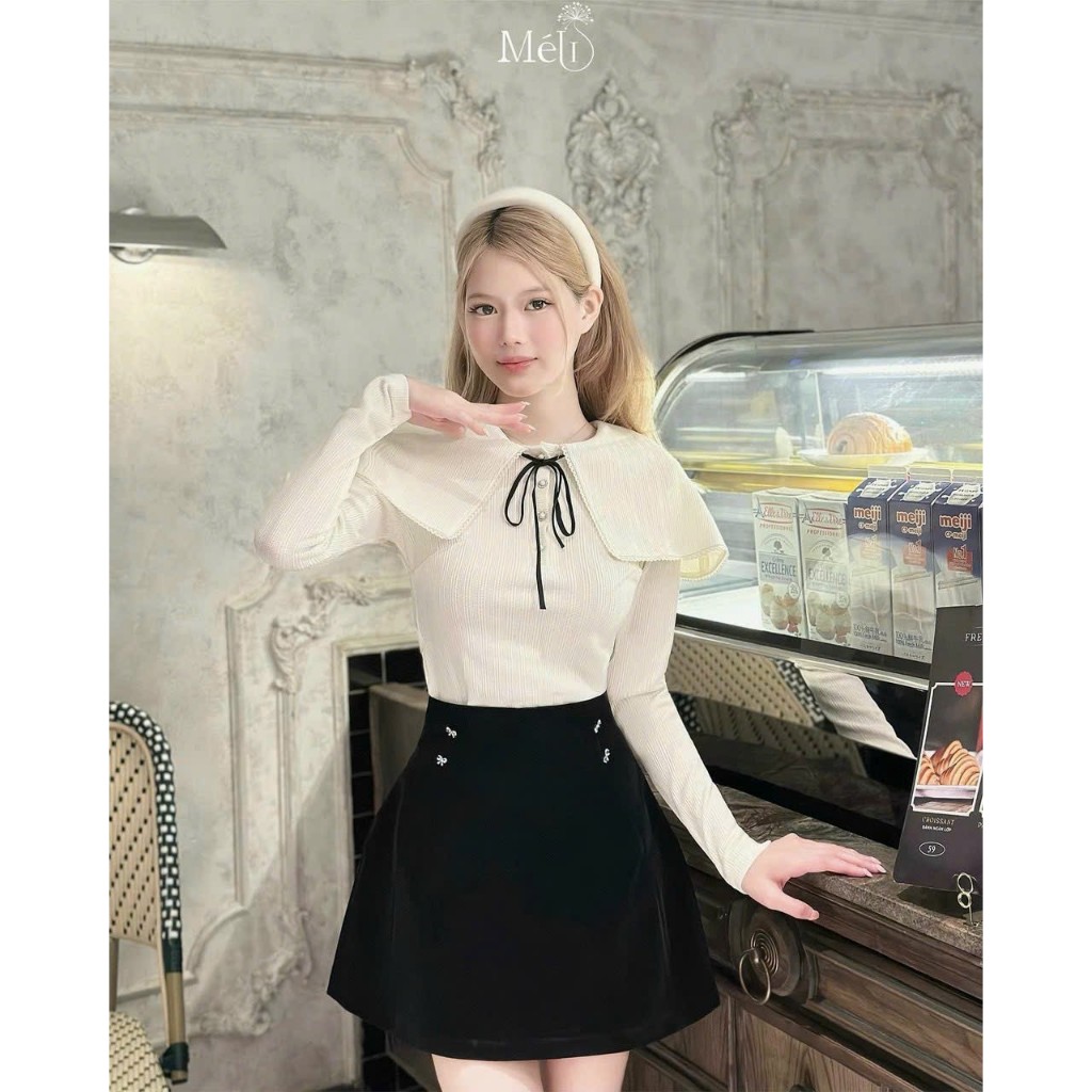 Set Váy Mùa Đông EVANIA Set Áo Chân Váy Sang Chảnh, Chất Vải Áo Len Tăm Trắng Phối Chân Váy Nhung Cứng Đen - B292