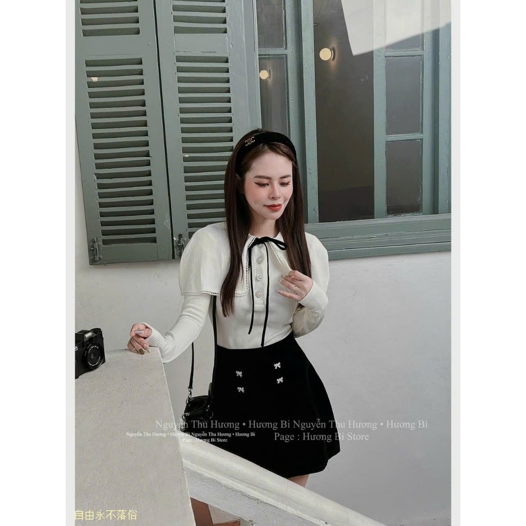 Set Váy Mùa Đông EVANIA Set Áo Chân Váy Sang Chảnh, Chất Vải Áo Len Tăm Trắng Phối Chân Váy Nhung Cứng Đen - B292