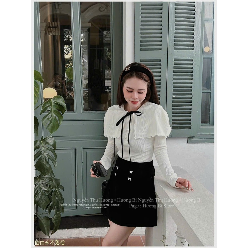 Set Váy Mùa Đông EVANIA Set Áo Chân Váy Sang Chảnh, Chất Vải Áo Len Tăm Trắng Phối Chân Váy Nhung Cứng Đen - B292