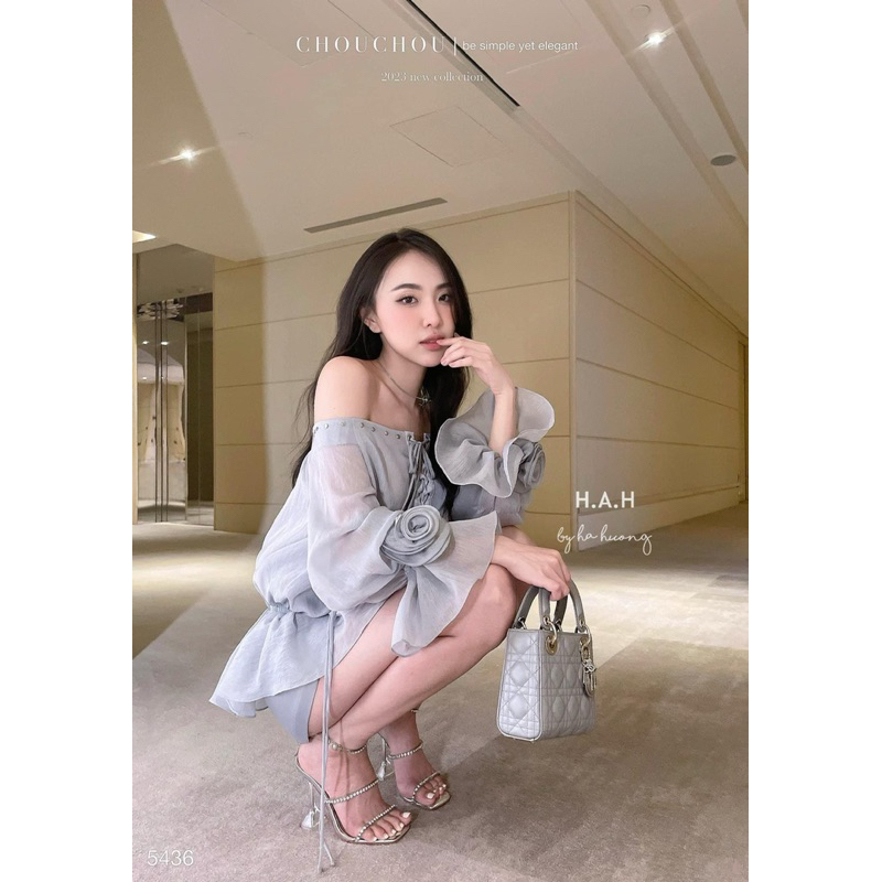 Set đầm trễ vai tiểu thư đan dây sang chảnh