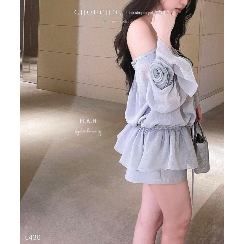 Set đầm trễ vai tiểu thư đan dây sang chảnh