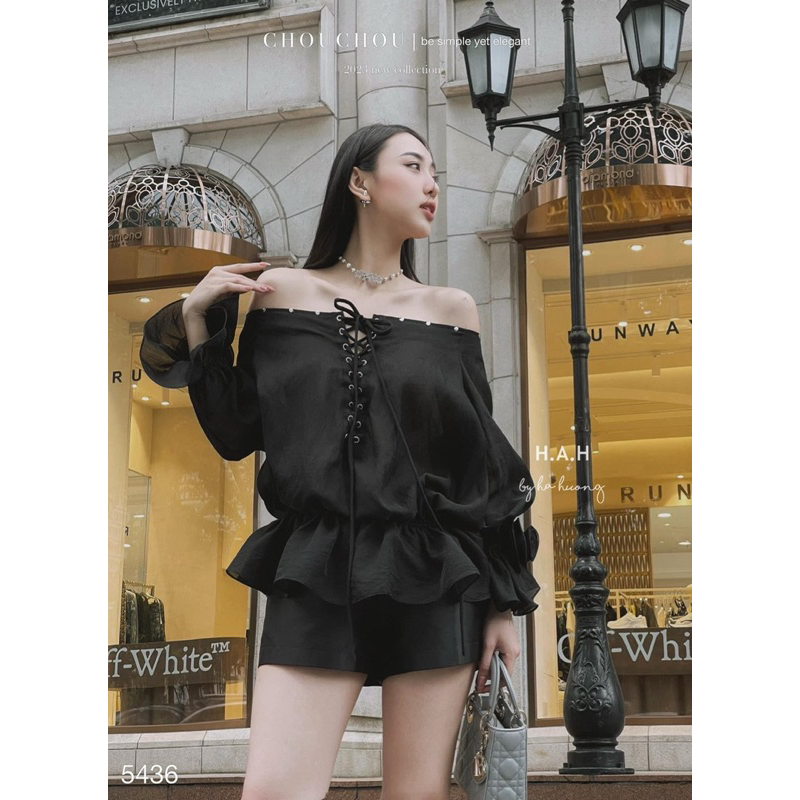 Set đầm trễ vai tiểu thư đan dây sang chảnh