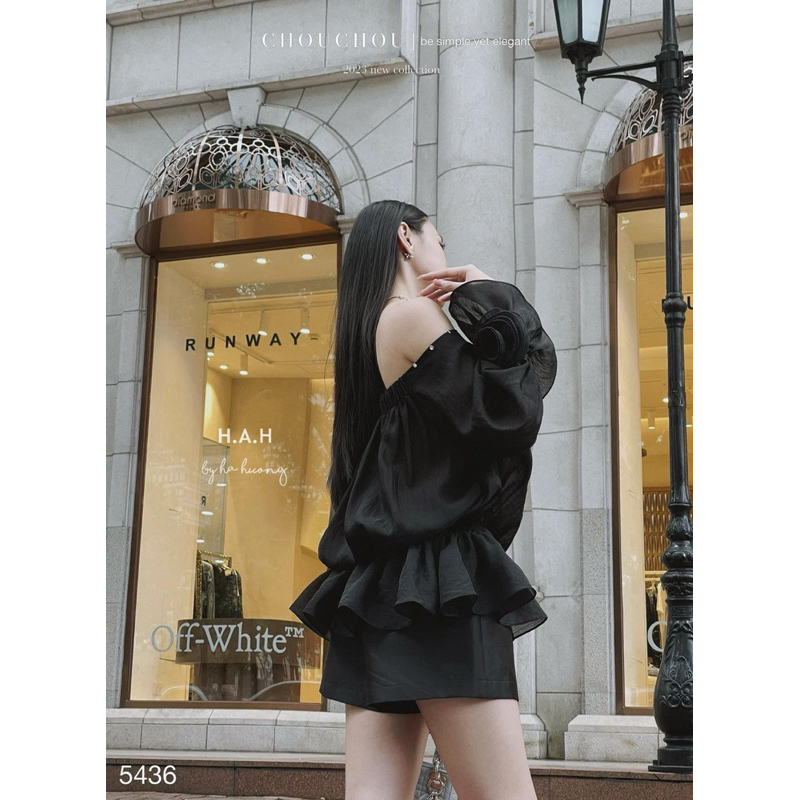 Set đầm trễ vai tiểu thư đan dây sang chảnh