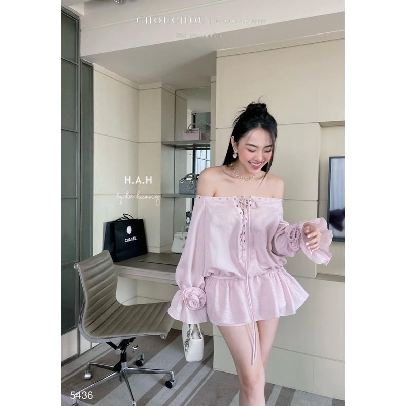 Set đầm trễ vai tiểu thư đan dây sang chảnh