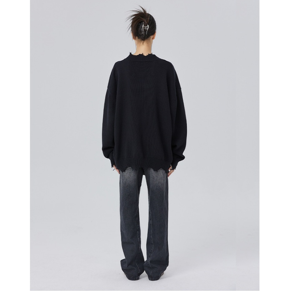 Áo Len Cổ Tròn Rách Viền Thêu Hình Chữ Thập Phong Cách Đường Phố