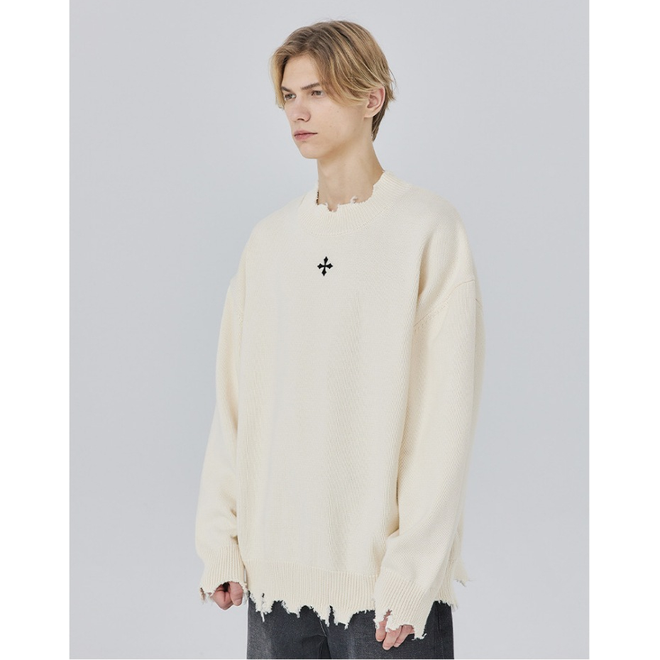 Áo Len Cổ Tròn Rách Viền Thêu Hình Chữ Thập Phong Cách Đường Phố