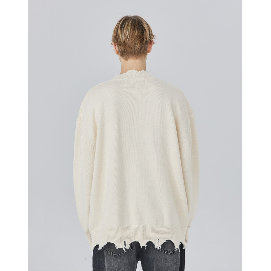 Áo Len Cổ Tròn Rách Viền Thêu Hình Chữ Thập Phong Cách Đường Phố