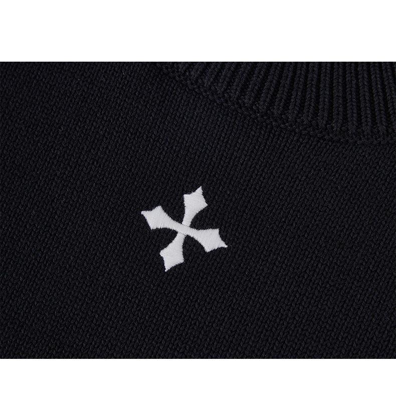 Áo Len Cổ Tròn Rách Viền Thêu Hình Chữ Thập Phong Cách Đường Phố