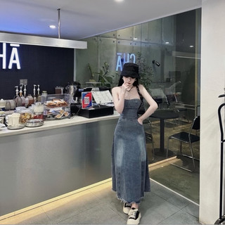 D004 -Đầm Demim Dài / Đầm Jean Ống Cúp Kiểu Dáng Basic Tôn Dáng Xoè Nhẹ Tua Rua