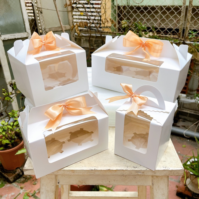 SET 5 Hộp Cupcake màu Trắng đựng bánh, Bánh Trứng Tart có quai xách