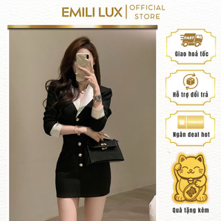 Set váy vest Emili dáng áo croptop cổ chữ v tay dài mic với chân váy ngắn chất dạ text 