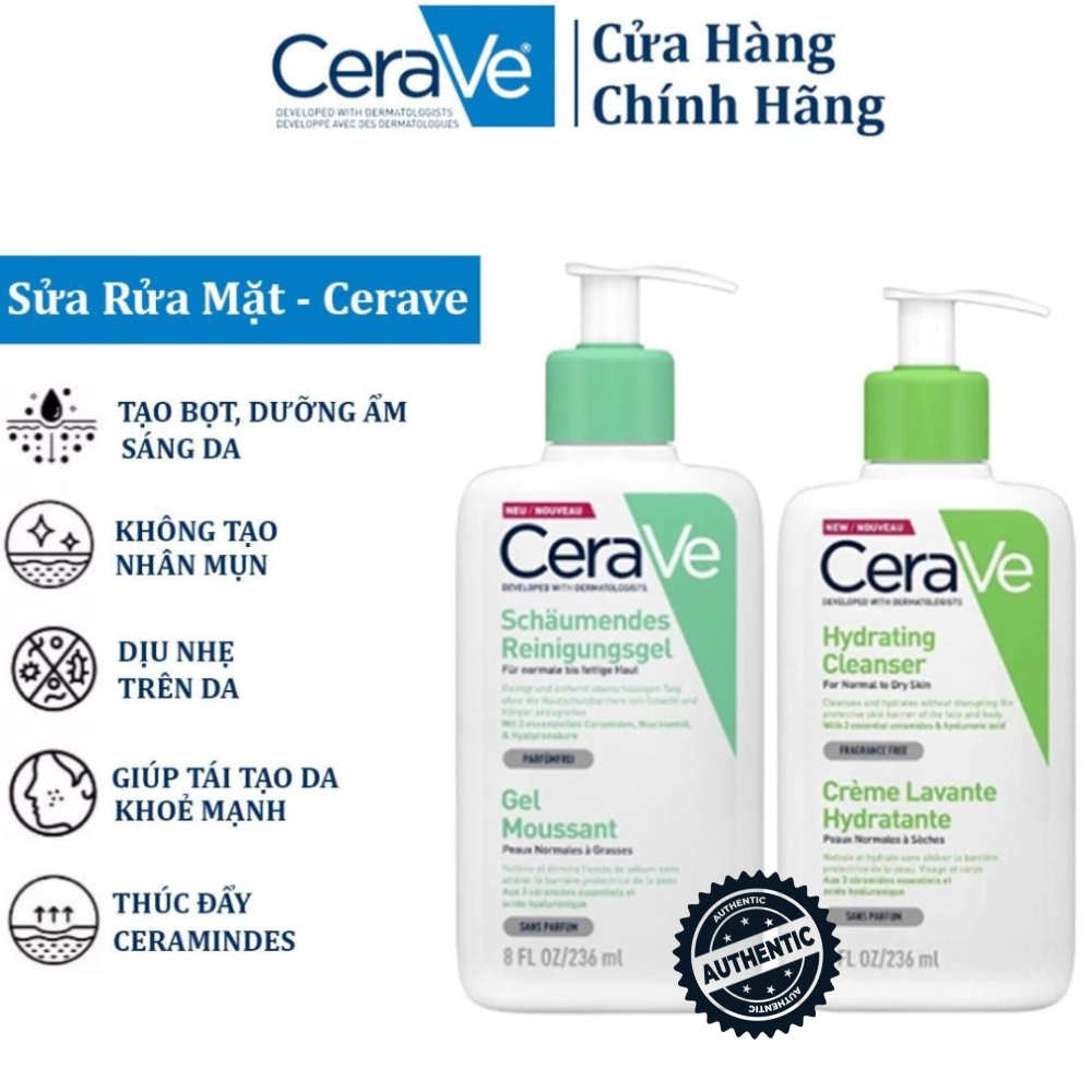 Sữa Rửa Mặt CeraVe Hydrating, Foaming Cleanser - Dành Cho Da Dầu Mụn, Da Khô, Da Nhạy Cảm 236ml