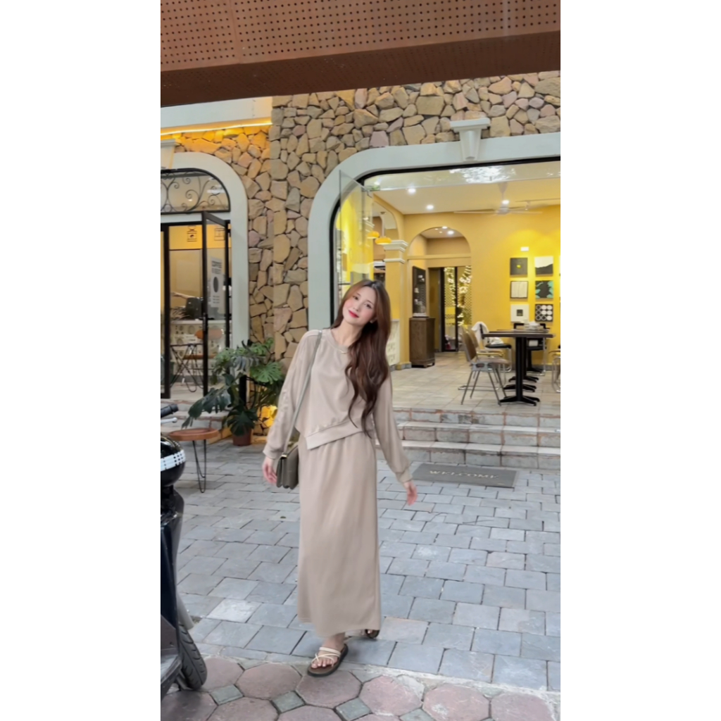 038 Set áo vạt nhọn kèm chân váy dáng dài nỉ tăm