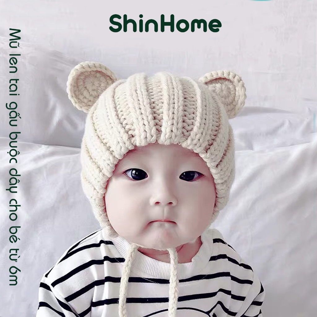 Mũ nón len tai gấu mùa đông cho bé trai bé gái sơ sinh 0-2 tuổi chất len sữa mềm buộc dây ShinHome Baby